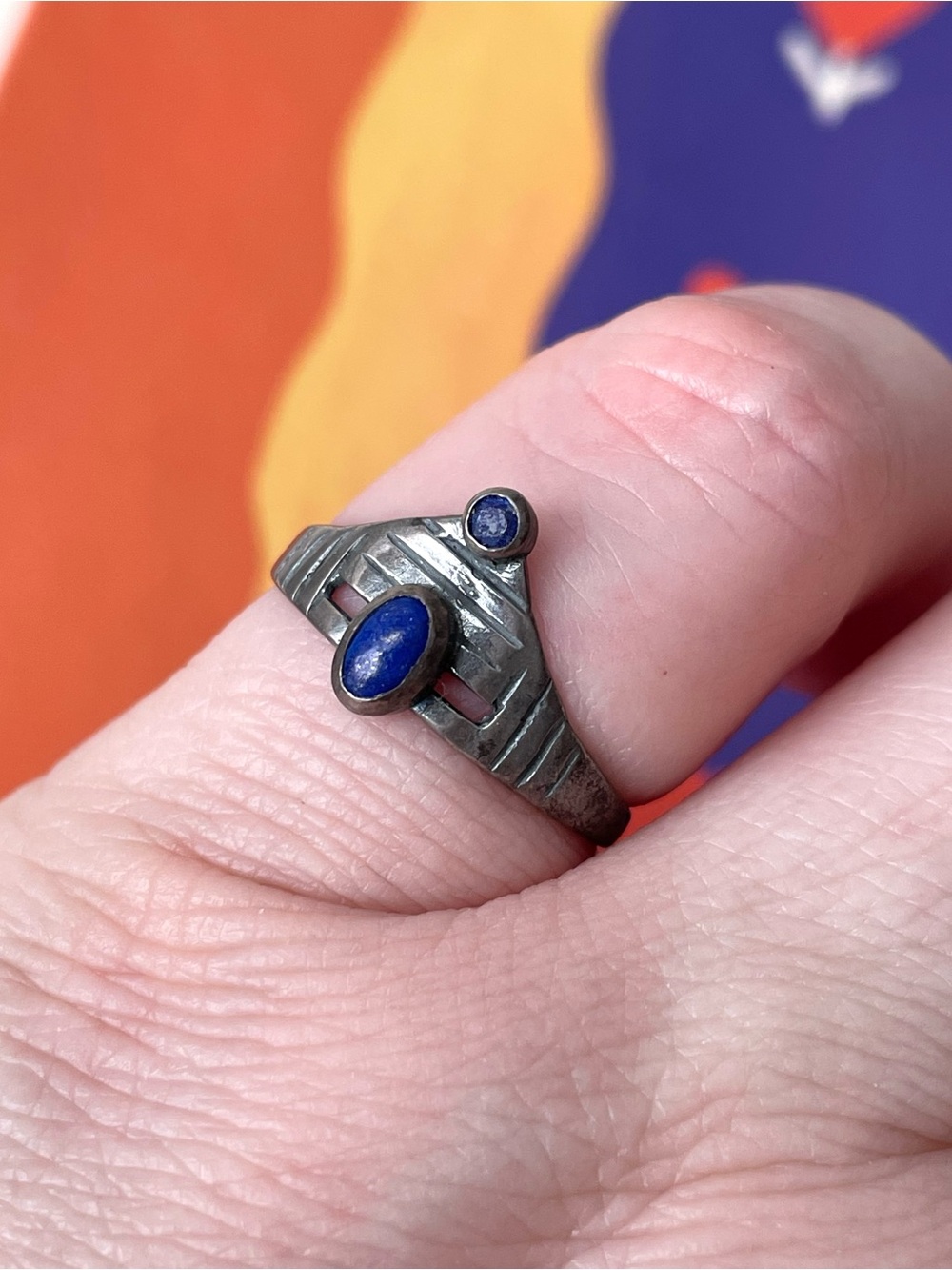 Unusual vintage stamped 925 sterling silver ring w/ 2 blue stones sz 6.5-6.75